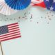 Independence day holiday banner with american flag,confetti stars.