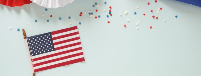 Independence day holiday banner with american flag,confetti stars.